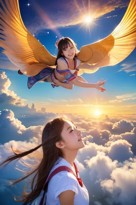  high image quality,  real, cute faces ,  cute faces , beautiful woman、 beautiful girl、Artistic、 mysterious in another dimension、 fantastic、Fantastic、 Above the Clouds、Sparkling sunrise、 Buddhas Realm、While studying、high school girl flying in the sky、