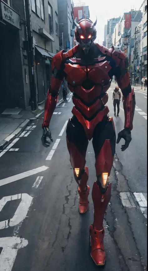 A highly detailed and  realistic   full body portrait of eva 01, A biomechanical anime character ..,  Walking between buildings in the city of Tokyo ,  dramatic lighting ,  film composition, volumetric fog,  intricate mechanical details ,  dynamic position...