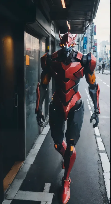 A highly detailed and  realistic   full body portrait of eva 01, A biomechanical anime character ..,  Walking between buildings in the city of Tokyo ,  dramatic lighting ,  film composition, volumetric fog,  intricate mechanical details ,  dynamic position...