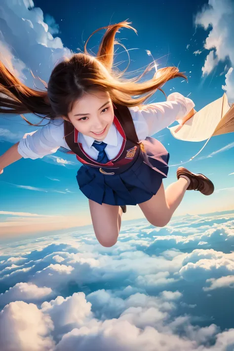  high image quality,  real, cute faces ,  cute faces , beautiful woman、 beautiful girl、Artistic、 mysterious in another dimension、 fantastic、Fantastic、 Above the Clouds、Sparkling sunrise、 Buddhas Realm、Studying、High school girl flying at great speed、