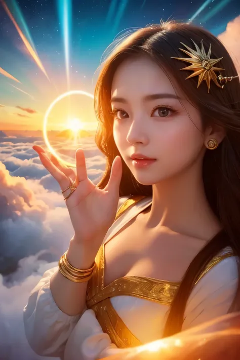  high image quality,  real, cute faces ,  cute faces , beautiful woman、 beautiful girl、Artistic、 mysterious in another dimension、 fantastic、Fantastic、 Above the Clouds、Sparkling Sunrises 、The Realm of the Sun Ring 、Spell casting、 in the sky at a tremendous...