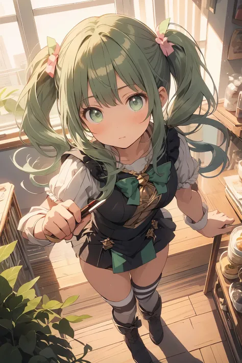 (masterpiece), (best quality), detailed,
1 girl, soro, twintails, long wavy hair twintails.hairs between eyes,dark green eyes ,dark green hair, (magical girl:1.2),
bow, dress, (pink:0.6), over legwear, boots, too many frills, too many bow, standing,striped...