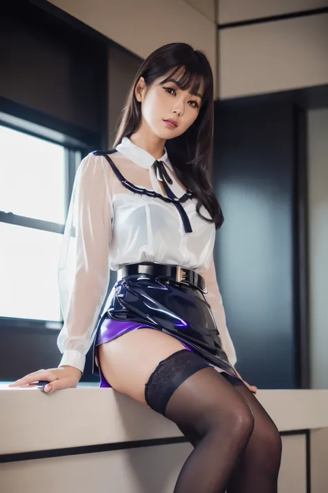  RAW photos , ( random shot, in frame,  side focus ,  Dutch angle ), ((ASIAN ADULT WOMEN , One person,) ( white blouse, Navy blue pretty short skirt ,   thighs,black sheer stockings , lingerie, DARK PURPLE SHINY ENAMEL HIGH HEELS WITH A DARK BROWN LEATHER ...