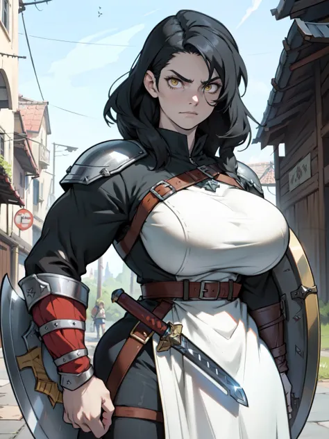 (shield & sword) (shield & sword) (shield & sword) black hair yellow eyes pale skin ample bosom huge muscles serious expression