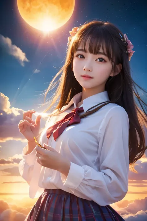  high image quality,  real, cute faces ,  cute faces , beautiful women、 beautiful girl、Artistic、 mysterious in another dimension、 fantastic、Fantastic、 Above the Clouds、Sparkling Sunrises 、The Realm of the Sun Ring 、Spell casting、high school girl flying in ...