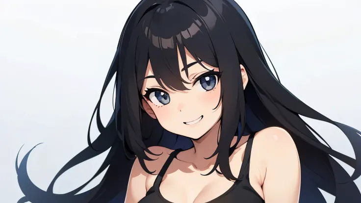 A cute girl with black hair wearing a tank top. Only one person in the illustration. Plain background. Bust-up illustration.Smiling with teeth showing