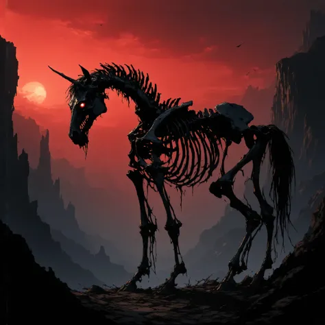 (photorealism) skeletal dark horse, demonic, deep red bright eyes, imoonent, terriffying, on the ledges of a dark canyon, with red sky ominous, blood is raining, ultra detailed, monstruous, 