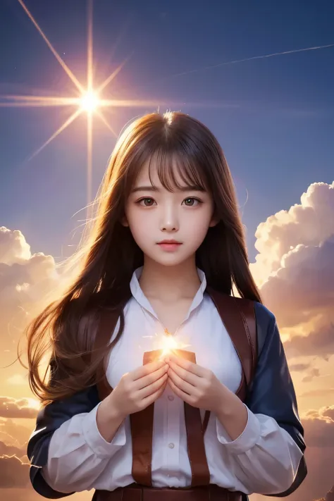  high image quality,  real, cute faces ,  cute faces , beautiful women、 beautiful girl、Artistic、 mysterious in another dimension、 fantastic、Fantastic、 Above the Clouds、Sparkling Sunrises 、Flash of the Sun、Spell casting、Fallen High School Girl、 Symmetry 