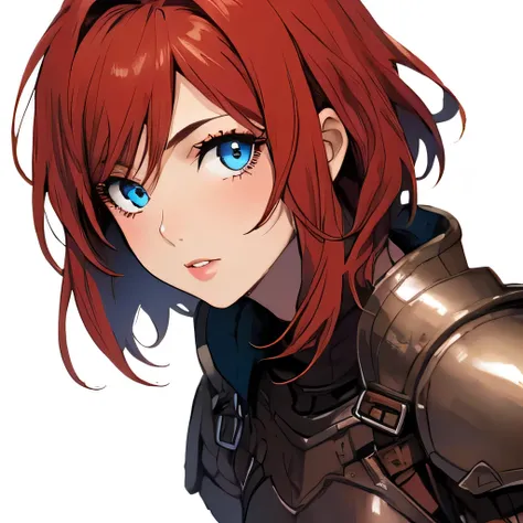 1girl, redheaded, blue eyed, short hair length, rogue, brown medium leather armor, Looking at viewer, Simple background, 