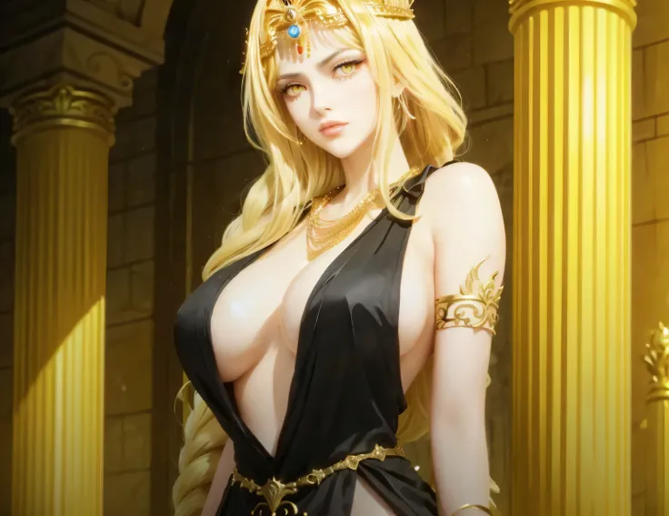 Queen marika in a black dress with a gold necklace and a necklace around her neck, yellow eyes, huge oppais, blush, the godess hera looking angry, the goddess hera looking angry, the goddess artemis smirking, goddess, scales covering her chest, from overlo...