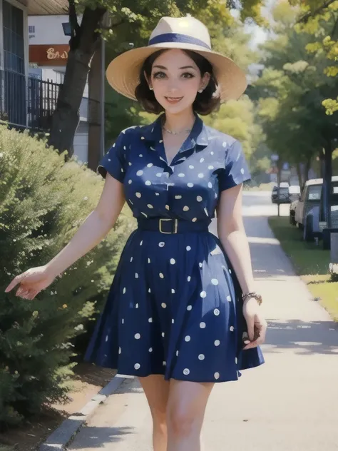 arafed woman in a polka dot dress and hat walking down a dirt road, dressed like in the 1940s, 50s style, 5 0 s style, 1 9 5 0 s style, 1930s style clothing, polka dot, 1950s vibes, vintage fashion, retro 5 0 s style, polkadots