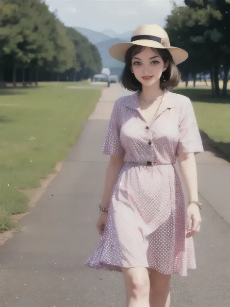 arafed woman in a polka dot dress and hat walking down a dirt road, digital art inspired by Evaline Ness, pinterest, digital art, dressed like in the 1940s, 50s style, 5 0 s style, 1 9 5 0 s style, 1930s style clothing, polka dot, 1950s vibes