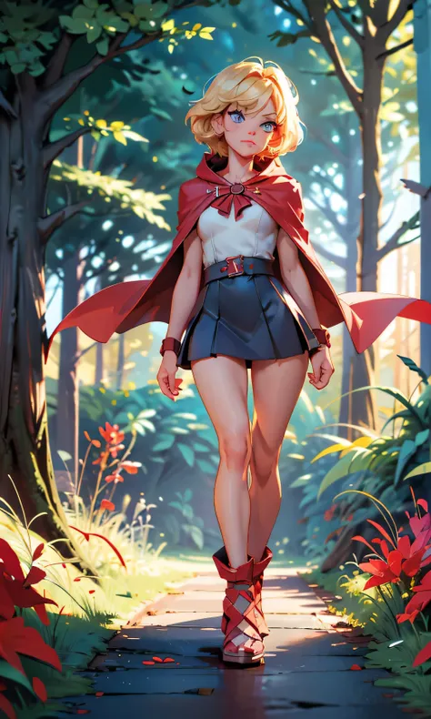 Masterpiece, Little Red Riding Hood, petite, skinny, cute, head on, looking at the spectator, short hair, blond hair, blue eyes, arched eyebrows, full body, small breasts, pretty legs, sexy, ((naked)), walking in the forest, dark forest, red cape, dark sky...