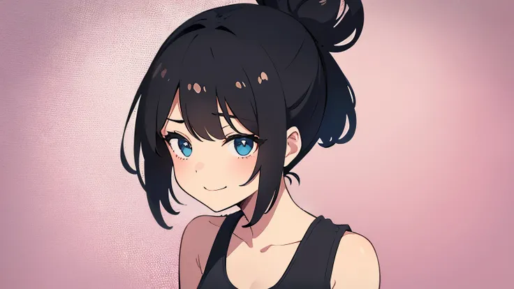 A cute girl with black hair Topknot hairstyle wearing a tank top. Only one person in the illustration. Plain background. Bust-up illustration. Expression: smile