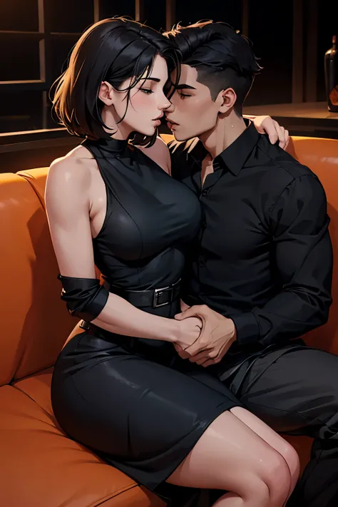 Young boy wearing black shirt with folded sleeves tucked into grey pants with a black belt kissing and making out with a sexy and beautiful woman wearing an orange and white polka dress lying on the couch in a secluded area in a club