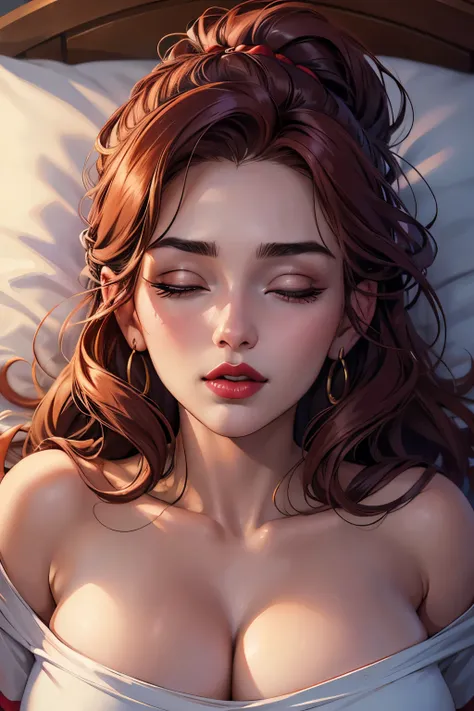 Amazing portrait of a woman who is 30 years old and an adult and a sexy woman wearing an off shoulder oversized t shirt during night time with soft lighting showcasing her red lips and her beautiful face in detail and close up lying down on bed