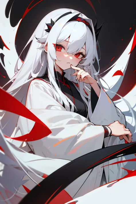  masterpiece fails,  top quality , 1 person,  girl , Code Geas ,  Long white hair ,  red eyes,  style drawing White oriental robe , black bandage covers the right eye