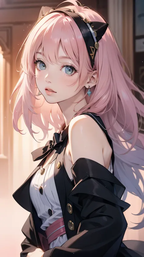 masterpiece, Lyric, 8K, ultra detailed, detailed face, Standing, blush, bright eye, (Face Detail), Anya the counterfeiter ( gray eyes ) ( Pink hair) ( medium hair) (very low cut) (black cat headband in the hair)