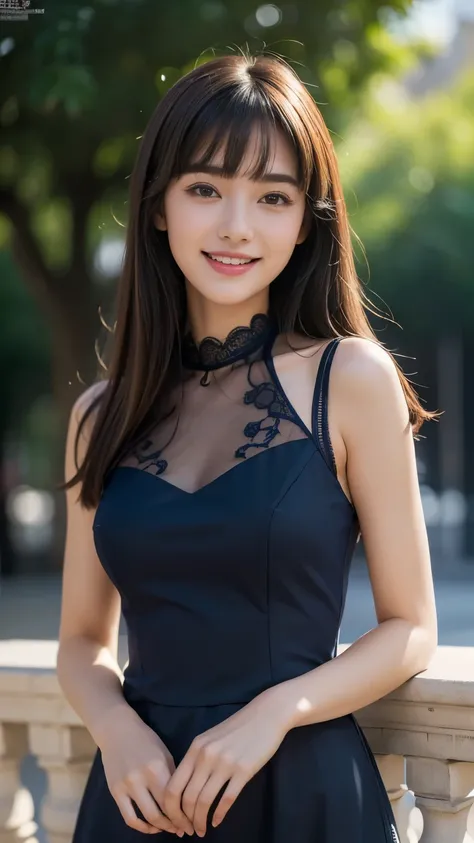 (highest quality,masterpiece:1.3,ultra high resolution),(Super detailed,caustics),(realistic:1.4,RAW shooting),(Vibrant color saturation),1 girl,20-year-old,flat bangs、smiling、Blurred background,Navy lace dress、light up、Princess-like、Noble