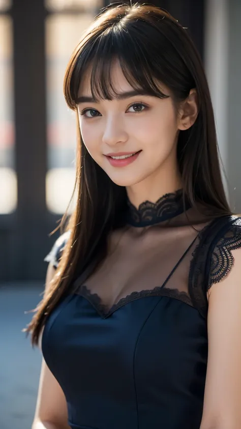 (highest quality,masterpiece:1.3,ultra high resolution),(Super detailed,caustics),(realistic:1.4,RAW shooting),(Vibrant color saturation),1 girl,20-year-old,flat bangs、smiling、Blurred background,Navy lace dress、light up、Princess-like、Noble