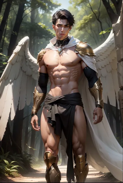  Photorealistic full body a boy , beautiful, Tall and strong, perfect male figure,  eyes looking at the camera , (( tanned skin )),  forest, primitive,  short black hair,  Serious expression, collar,  ray tracing . shirtless, celestial,  bump ,  wearing br...