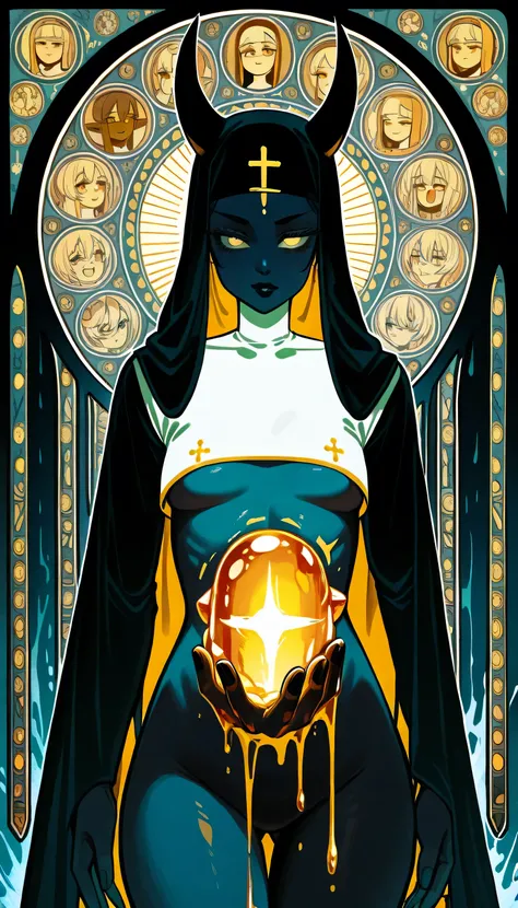 (limited palette:neon blue and violet ),sexy nun, black woman, bare chested, devil horns (large), highly detailed, dmt, witch, geodes, glowing eyes, light flowing in and out of her body, flowing glowing water, crystals, metal, , art nouveau