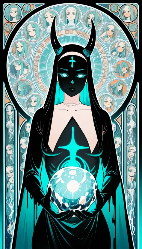 (limited palette:neon blue and violet ),sexy nun, black woman, bare chested, devil horns (large), highly detailed, dmt, witch, geodes, glowing eyes, light flowing in and out of her body, flowing glowing water, crystals, metal, , art nouveau
