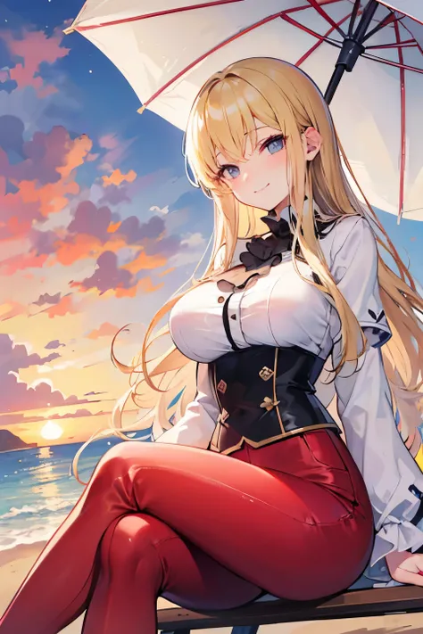  top quality , detailed face ,  cute face,  Masterpiece ,  lady, blonde hair, tight pants,  large breasts,  slim waist, on long bridge, smile, crossed legs, sunset,  beach parasol, floating hair