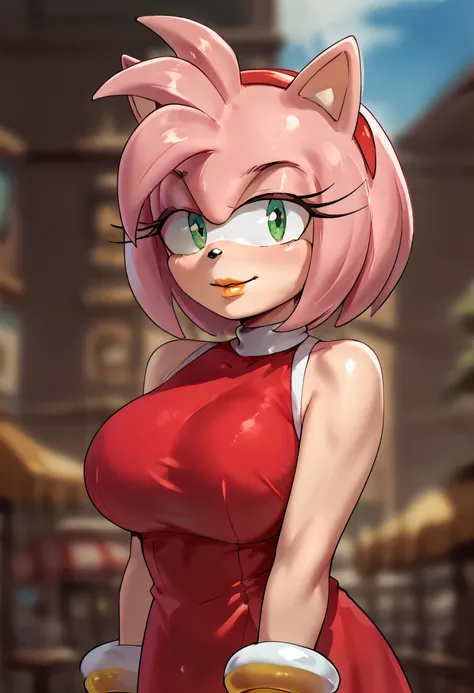 woman, green eyes, pink hair, big breasts, red dress, anime style, yellow lipstick, Amy Rose