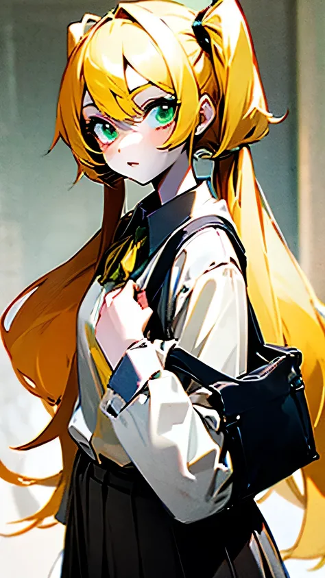  A tomboy girl with pale skin and green eyes. Her hair is in a twintails long blondes .  Wearing school uniform. carry a shoulder bag.