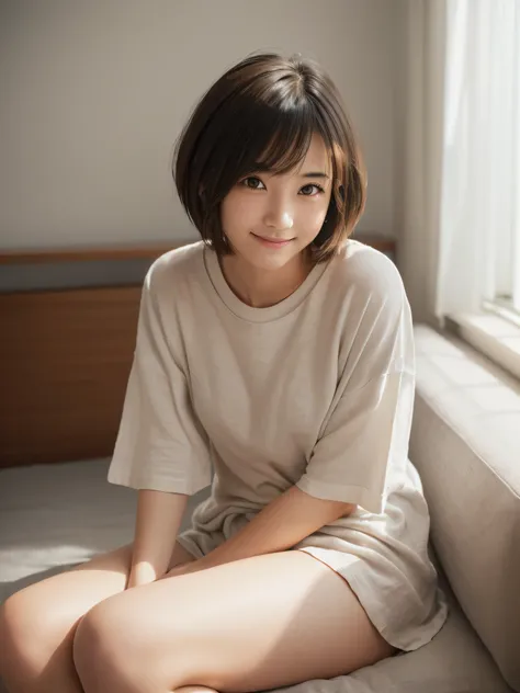  top quality ,  focus on face , Soft light, ( depth of field ) , super high res, ( photorealistic:1.4),  RAW photos , ( moody lighting,  knight :1.2), bedroom, (Upper thigh:1.4)  1 Japanese girl , Alone,  cute, Cute, (shy, smile:1.1), ( brown eyes), Natura...