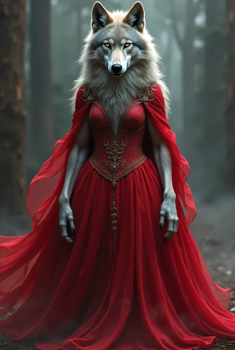 Dress up a big wolf red dress and create a picture 