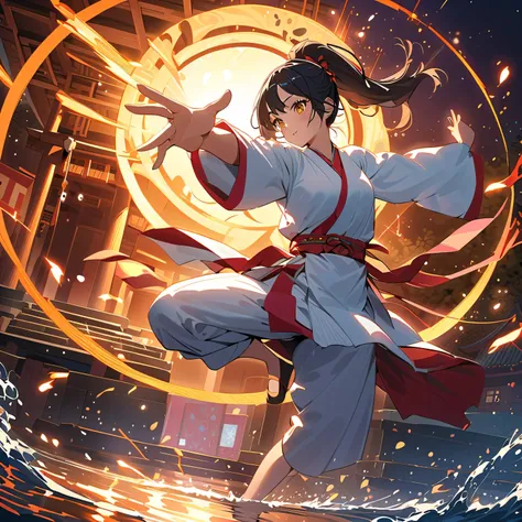 A young martial artist with black hair tied in a high ponytail, sparkling golden eyes and a shrine maiden outfit with white on top and red on the bottom, performs a high kick. She is surrounded by a dynamic, glowing circle of water that radiates energy, cr...