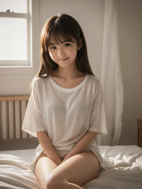 top quality , focus on face , Soft light, ( depth of field ) , super high res, ( photorealistic:1.4), RAW photos , ( moody lighting, knight :1.2), bedroom, (Upper thigh:1.4) 1 Japanese girl , Alone, cute, Cute, (shy, smile:1.1), ( brown eyes), Natural Face...