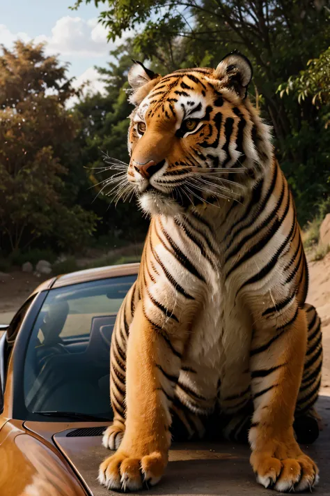 fotorealistic strong tiger, neutral background, photo, sunny atmosphere, best quality, detailed, realistic, red sport car on background