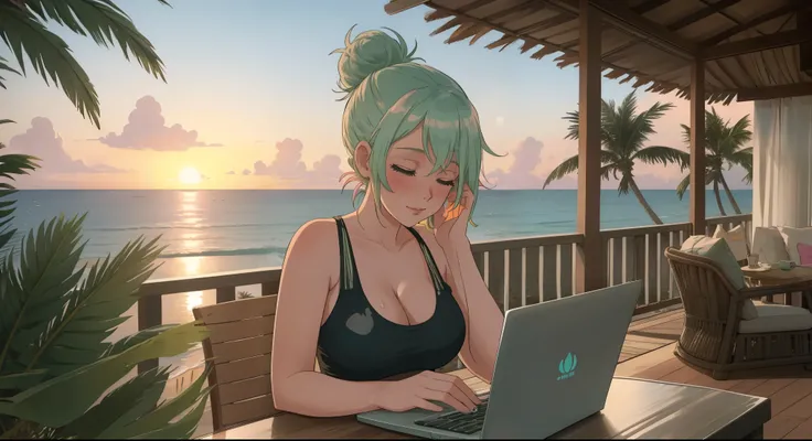 "A woman big breast with pastel green and pink hair styled in a messy bun sits on a wicker chair on a balcony overlooking a peaceful beach at dusk. She wears a black tank top and denim shorts, her posture relaxed but engaged as she types on her laptop. The...