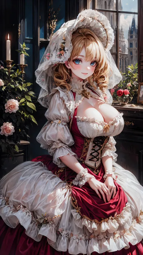  medieval Europe , Lady, Blonde, Curly Hair,  Floral Crinoline Hoop Skirt, red petticoat dress ,  big breasts, hyper detailed beautiful eyes, bonnet, Fluffy, ((smile)), 