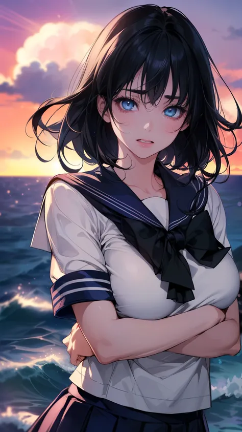 Red eyes, Clear Eyes, sailor girl uniform、((ocean waves background)), Shine, Neon Light, Black light,Anime Style, movie portrait photos, 1 female, 22 years ago, Whole Body Ezbian,Big and ample breasts, anger, (black hair), short Hair, blue eyes, wearing a ...