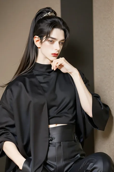 A pretty handsome, delicate, Skinny Male, black hair, high ponytail, Slender and thin body, Delicate and soft facial features, soft_light, pointy ears, assassin, killer, Wearing a black Chinese vintage killer costume, ((fancy luxurious black top and black ...