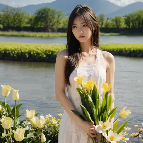 (masterpiece, best quality:1.2, 8k RAW photo, 1girl, solo, natural soft lighting), (medium breast), standing in the blooming colorfull flower field, mountains, lake and waterfall background, upper body, looking at camera