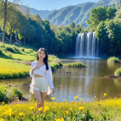 (masterpiece, best quality:1.2, 8k RAW photo, 1girl, solo, natural soft lighting), (medium breast), standing in the blooming colorfull flower field, mountains, lake and waterfall background, upper body, looking at camera