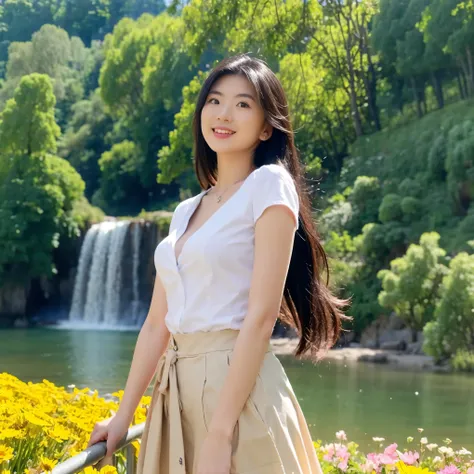 (masterpiece, best quality:1.2, 8k RAW photo, 1girl, solo, natural soft lighting), (medium breast), standing in the blooming colorfull flower field, mountains, lake and waterfall background, upper body, looking at camera