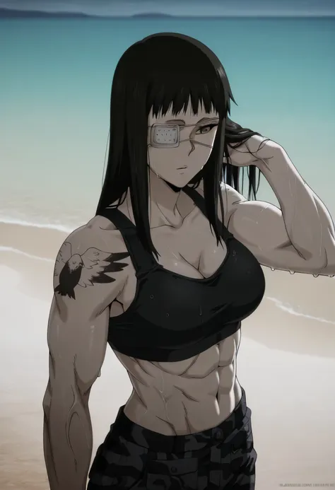 1girl,solo,mm,mature female,black hair,eyepatch,brown eyes,medium breasts,anime coloring,long hair,
muscular,black sport bra and black Camouflage trousers,cowboy shot, hand in own hair, wet,beach, tattoo, 
,masterpiece,best quality,amazing quality,pelvis m...