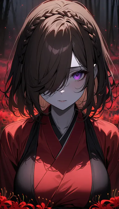 (masterpiece, Highest quality:1.2), 1girl,((medium hair)), (((dark brown hair))), (straight hair), ((hair over face)), (hair over one eye), (hair over right eye), ((red tight kimono with black details)),(detailed purple eyes), (big breast), light particles...