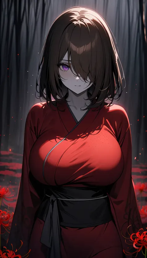 (masterpiece, Highest quality:1.2), 1girl,((medium hair)), (((dark brown hair))), (straight hair), ((hair over face)), (hair over one eye), (hair over right eye), ((red tight kimono with black details)),(detailed purple eyes), (big breast), light particles...