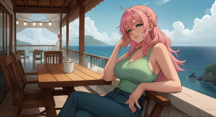 "A woman med boobs with pastel green and pink hair tied in loose waves sits on a simple chair on a balcony built into a cliffside. She wears a black tank top and light denim jeans, her laptop glowing against the backdrop of a star-filled sky. The ocean far...