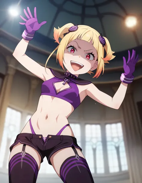 masterpiece, best quality, good quality, newest, CEL, AnFit, red eyes, blonde hair, purple crop top, 1girl, tongue out, black thighhighs, looking at viewer, purple gloves, cowboy shot, short shorts, black shorts, small breasts, highleg panties, hair orname...