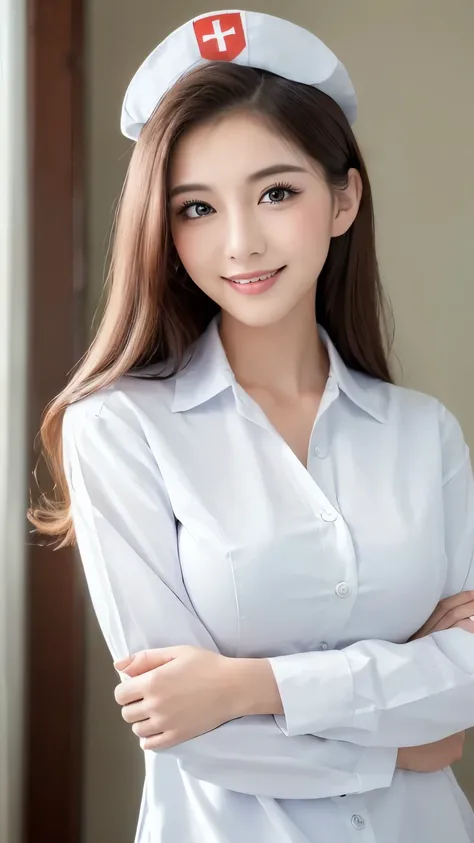 (highest quality, 8k, 32K, masterpiece:1.5), Photos of beautiful women, 1 girl, (big breasts), double eyelid, white nurse uniform, little white nurse (cap), white shirt, open shirt, hospital, hospital room, Upper body, sexy, smile