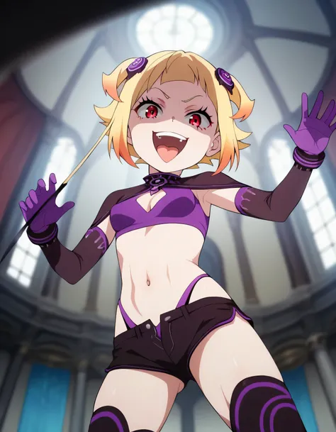 masterpiece, best quality, good quality, newest, CEL, AnFit, red eyes, blonde hair, purple crop top, 1girl, tongue out, black thighhighs, looking at viewer, purple gloves, cowboy shot, short shorts, black shorts, small breasts, highleg panties, hair orname...