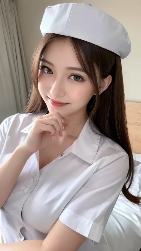 (highest quality, 8k, 32K, masterpiece:1.5), Photos of beautiful women, 1 girl, (big breasts), double eyelid, white nurse uniform, little white nurse (cap), white shirt, open shirt, hospital, hospital room, Upper body, sexy, smile